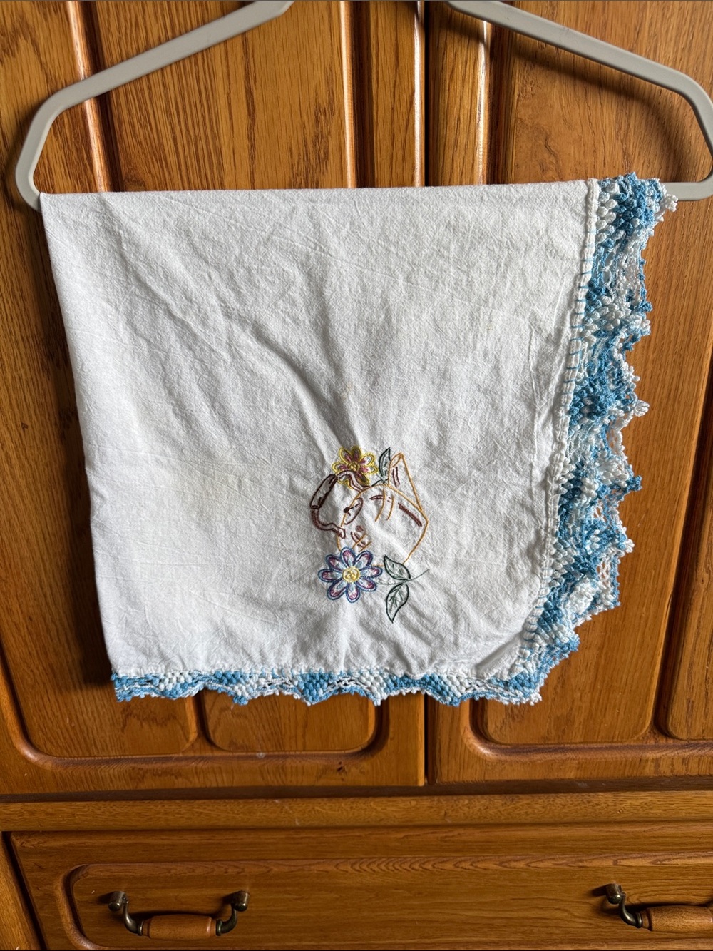Hand-Embroidered White Cotton Accent Towel with Blue Trim